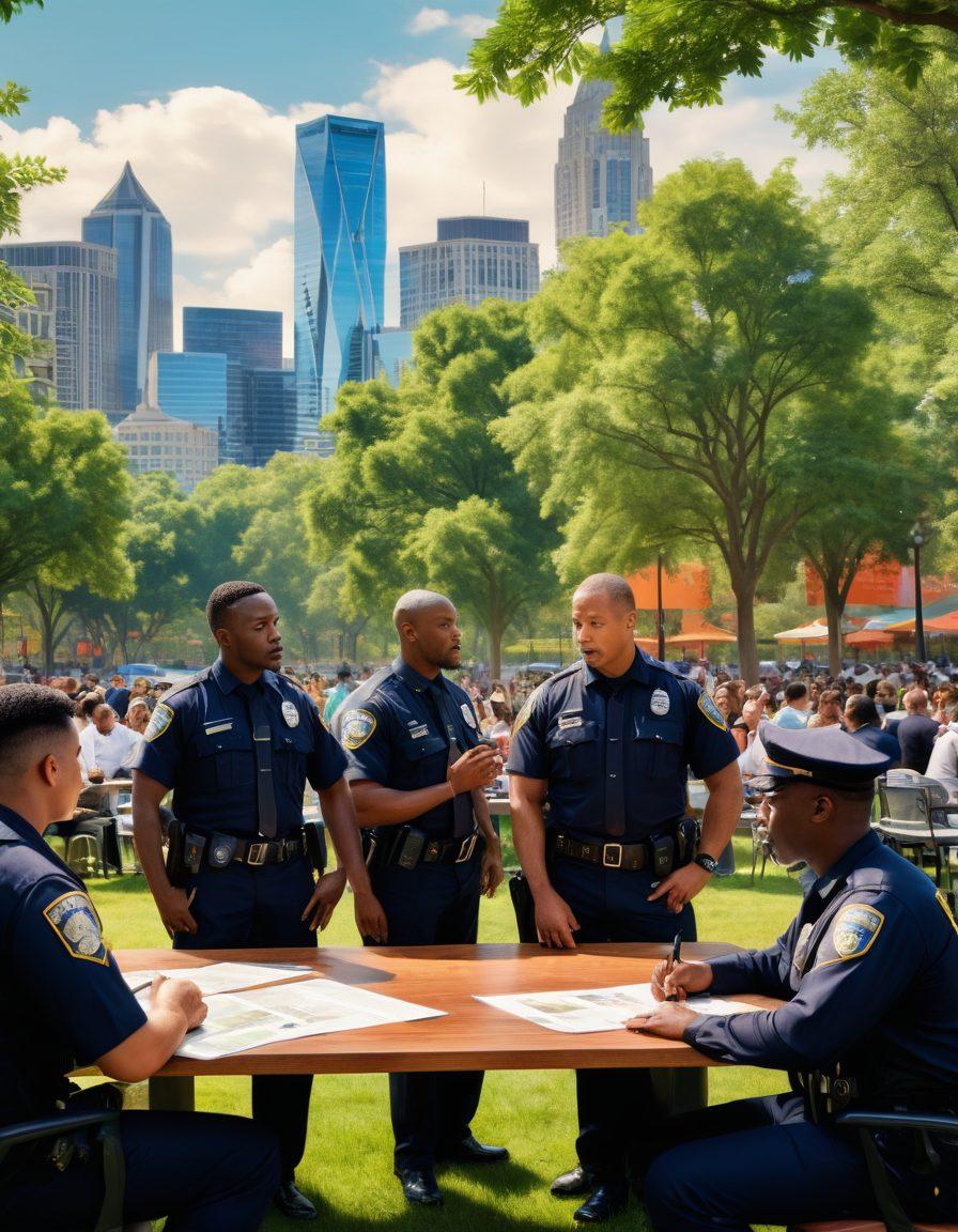 A diverse group of law enforcement officers and community members engaged in a collaborative discussion under a vibrant city park, showcasing a blend of cultures and professions, with visual elements like crime prevention posters, and community resource tables. The background features a city skyline and lush greenery. super-realistic. vibrant colors. 3D.