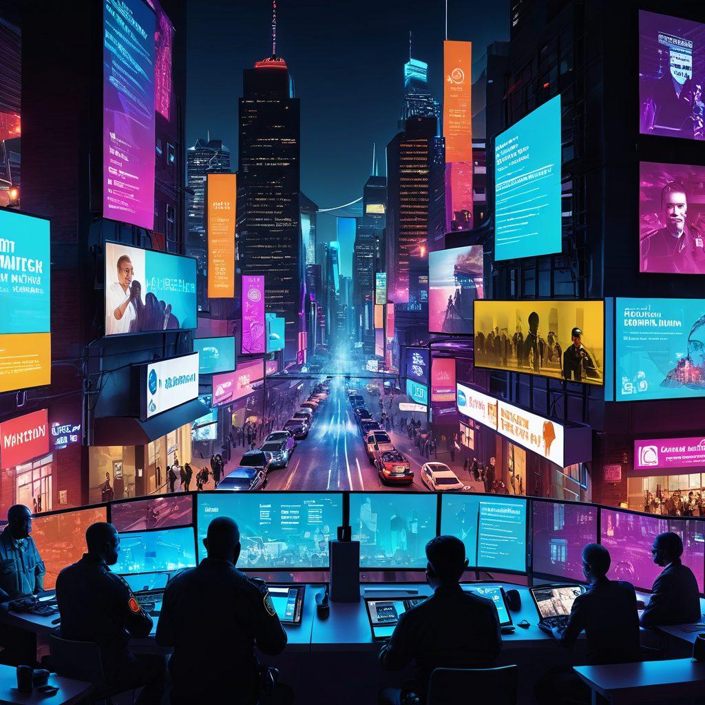 A vibrant cityscape showcasing community engagement: diverse people of different ages and backgrounds participating in a neighborhood watch meeting, a police officer sharing safety tips, and digital screens displaying crime prevention strategies. Highlight elements of collaboration, safety, and innovation in urban settings. cyberpunk style. vibrant colors. 3D effect.
