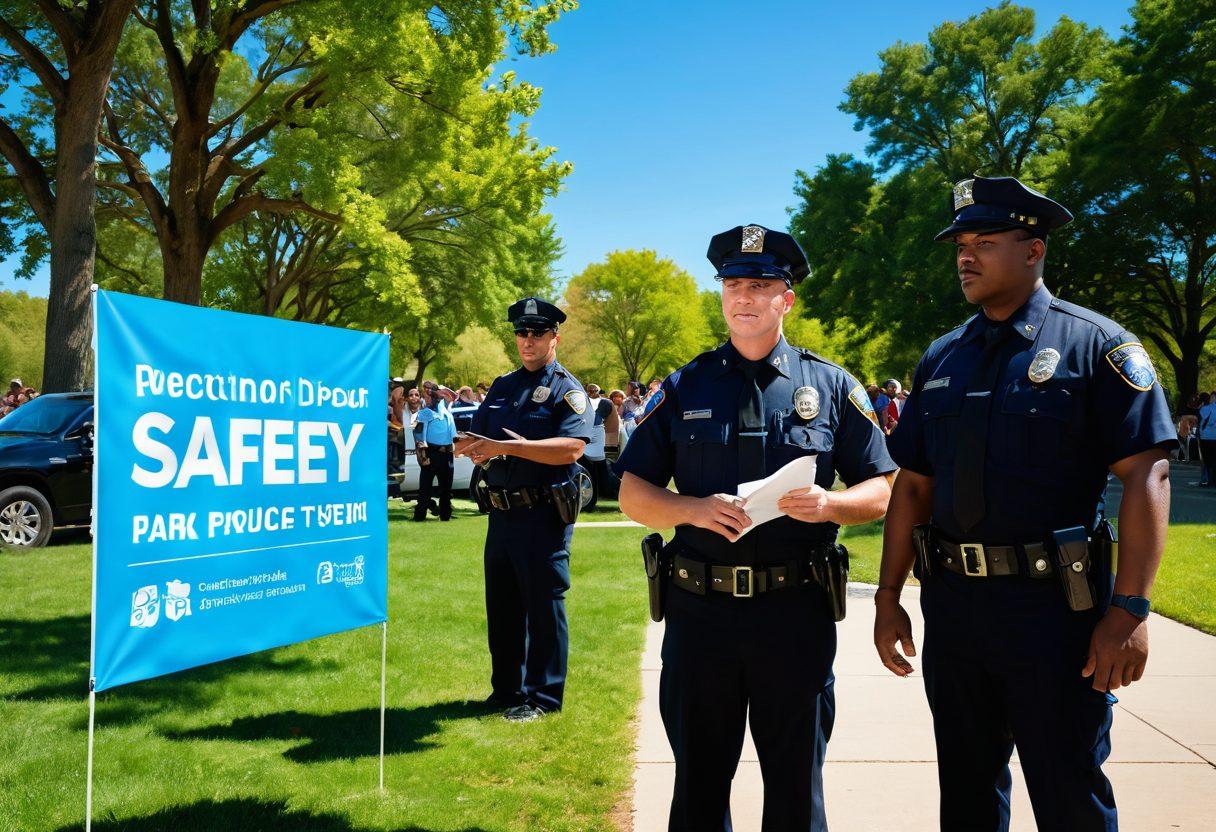 A diverse group of law enforcement officers engaging positively with community members in a vibrant park setting, showcasing teamwork and security. Include elements such as a community safety event with families and children, police officers giving a safety demonstration, and colorful banners promoting trust and protection. Emphasize a warm atmosphere enriched with a clear blue sky. super-realistic. vibrant colors. dynamic composition.